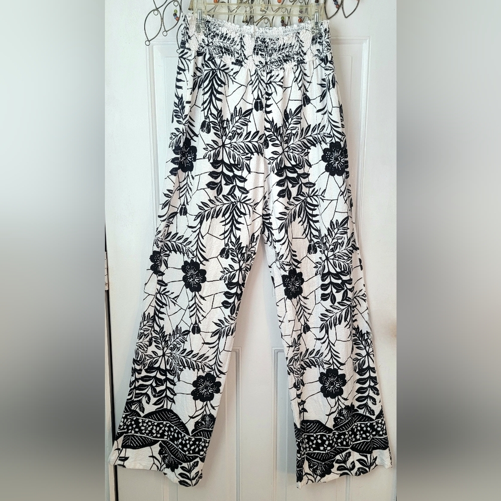 Soft Surroundings Wide Leg Cotton Trousers Womens XLT Black White Floral Texture